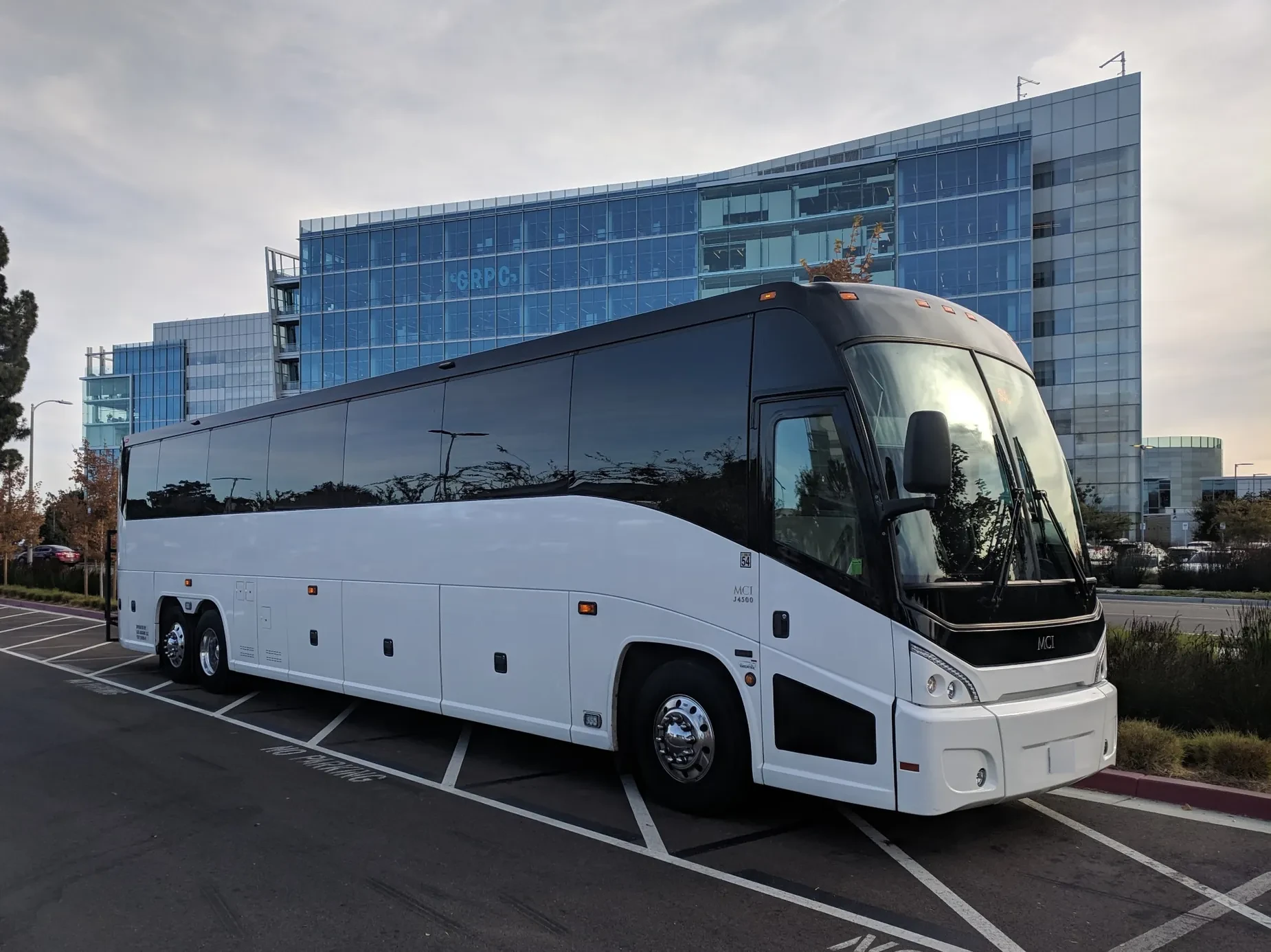 White and black full-size motorcoach